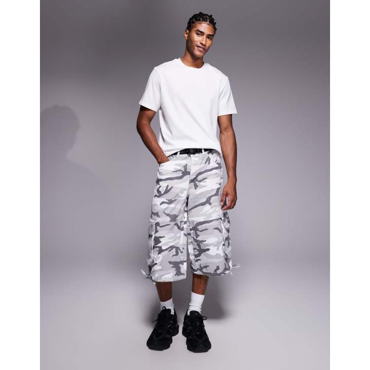 Liquor N Poker extra baggy denim jorts in gray camo | ASOS