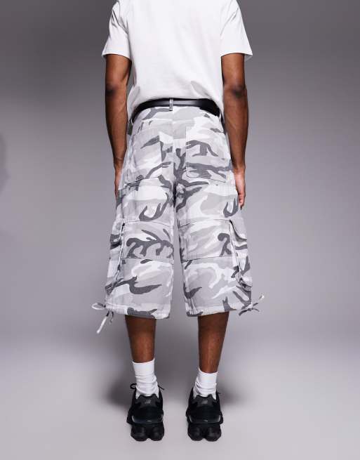 Liquor N Poker extra baggy denim jorts in gray camo