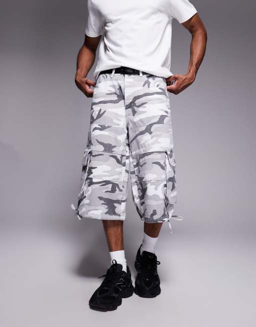 Liquor N Poker extra baggy denim jorts in gray camo