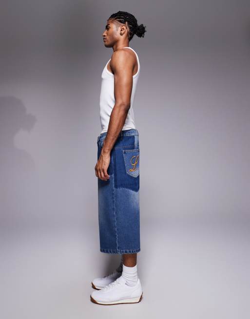 Liquor N Poker extra baggy denim shorts in blue patchwork, 2 of 5