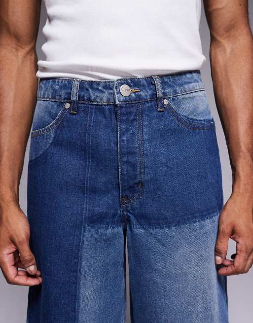 Liquor N Poker extra baggy denim shorts in blue patchwork, 4 of 5