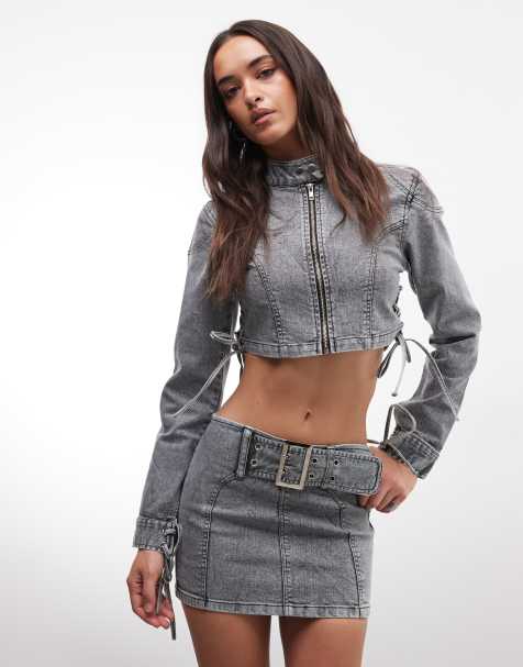 Liquor N Poker extreme buckle belt denim mini skirt co-ord in grey wash - view 1