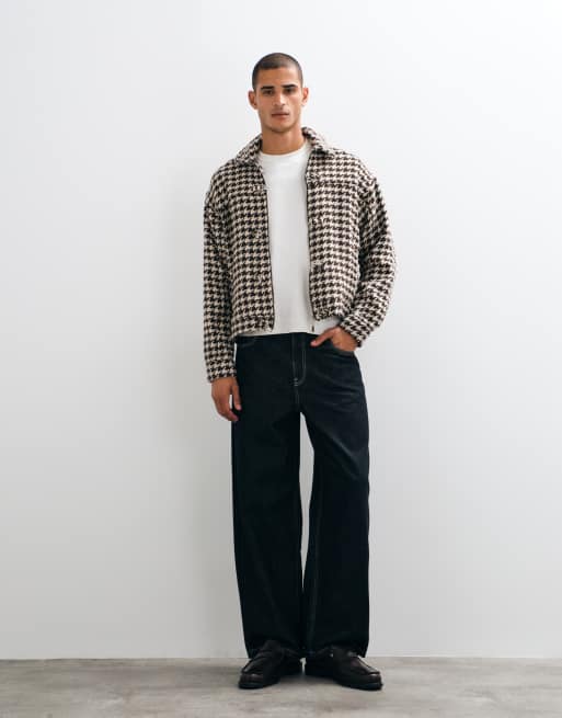 Liquor N Poker fireman clasp harrington jacket in brown houndstooth, 2 of 5