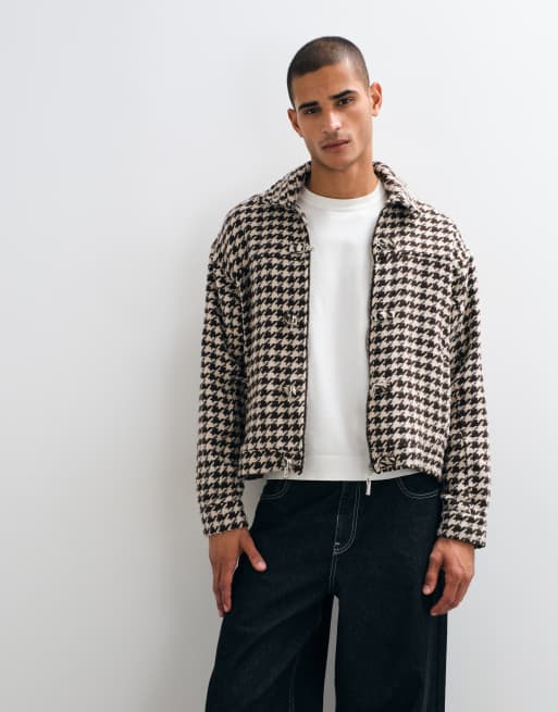 Liquor N Poker fireman clasp harrington jacket in brown houndstooth, 3 of 5