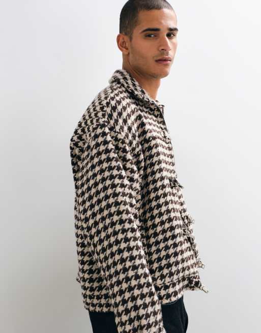 Liquor N Poker fireman clasp harrington jacket in brown houndstooth, 4 of 5