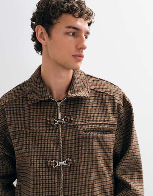 Liquor N Poker fireman clasp shirt jacket in brown check, 3 of 5