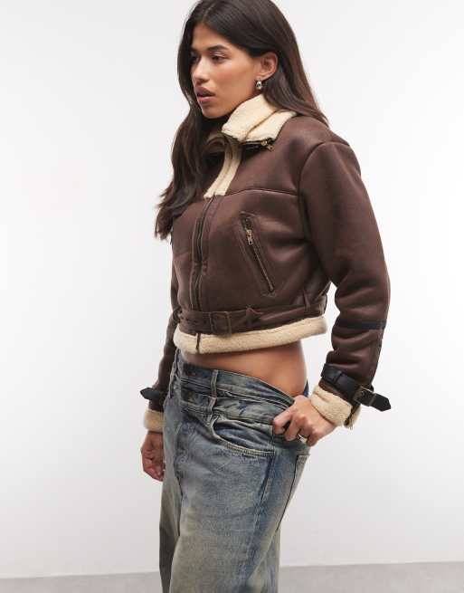 Liquor N Poker funnel neck aviator jacket with borg trim in brown, 2 of 4