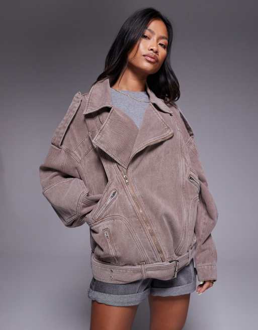 Liquor N Poker - Giacca biker in denim beige con zip, 2 di 4