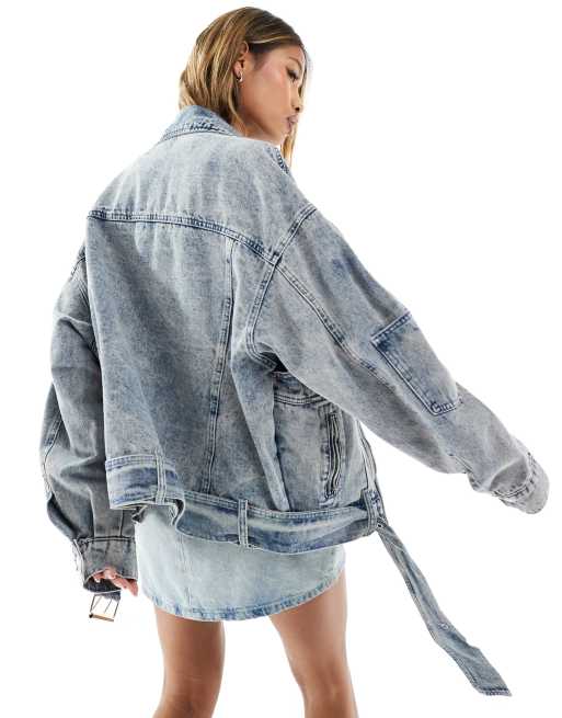 Liquor N Poker - Giacca di jeans biker oversize lavaggio blu acido, 2 di 4