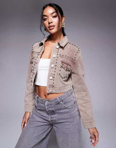 Liquor N Poker - Giacca di jeans marrone slavato con tasche e borchie - view 1