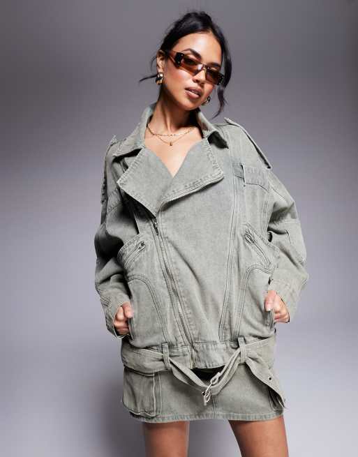 Liquor N Poker - Giacca di jeans oversize stile biker color kaki slavato