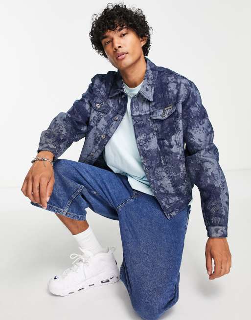 Liquor N Poker - Giacca di jeans stile trucker oversize blu scuro mimetico in coordinato