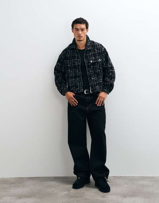 Liquor N Poker giacca overshirt a quadri spazzolata con zip nera, 2 di 5