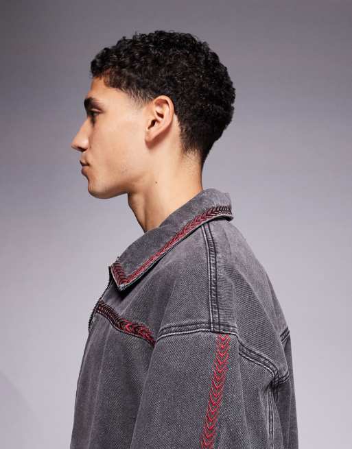 Liquor N Poker - Giacca oversize stile baseball nera con ricamo in coordinato, 4 di 5