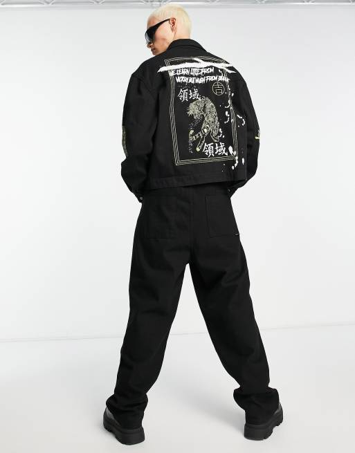 Liquor N Poker - Giacca trucker oversize in denim nera con tigre ricamata in coordinato