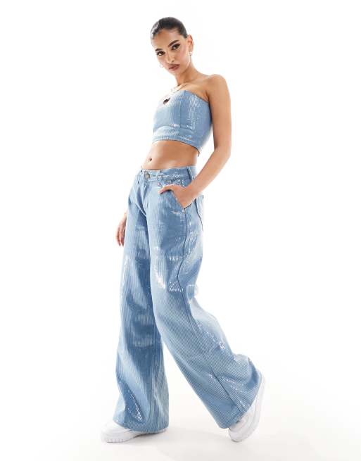 Liquor N Poker - Halfhoge baggy jeans met lovertjes in blauw, deel van co-ord set