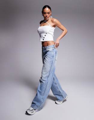 Liquor N Poker Halter Ribbed Top With Studs In White
