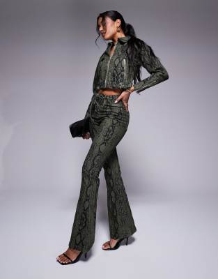 high rise flared pants in khaki snake print - part of a set-Green