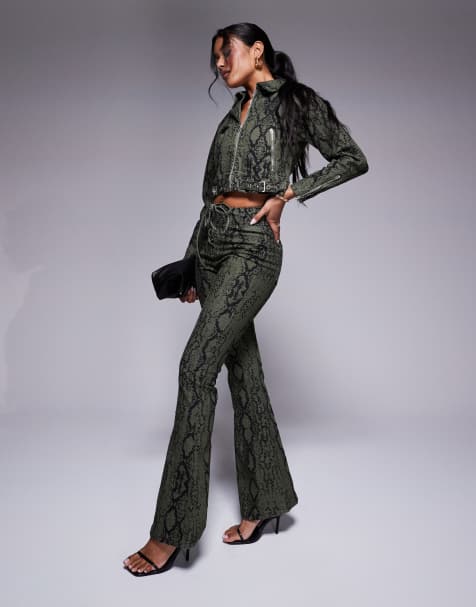 Liquor N Poker high rise flared trouser co-ord in khaki snake print