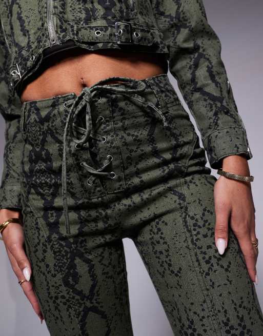 Liquor N Poker high rise flared trouser co-ord in khaki snake print