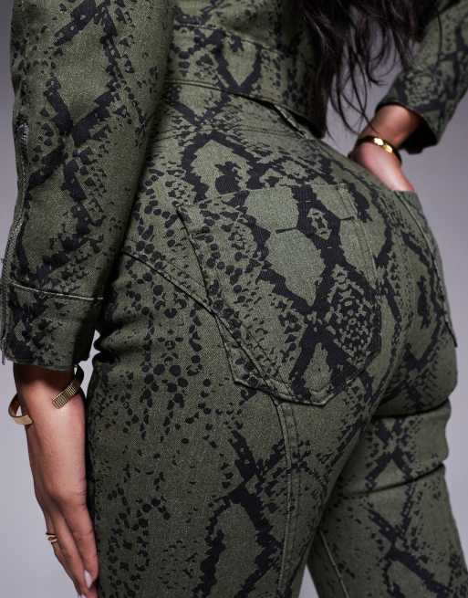 Liquor N Poker high rise flared trouser co-ord in khaki snake print