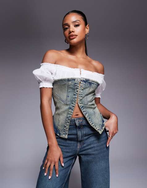Liquor N Poker hook eye denim corset with milkmaid sleeves in acid wash blue - view 1