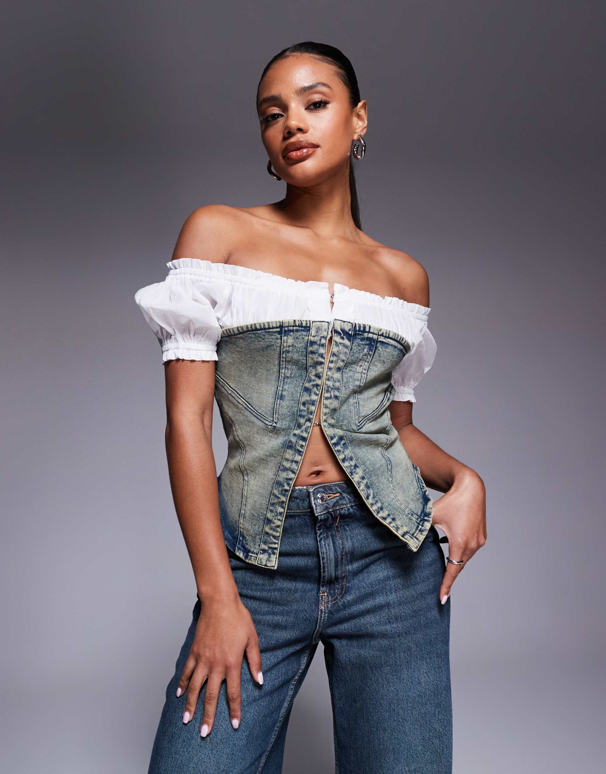 liquor n poker hook eye denim corset with milkmaid sleeves in acid wash blue