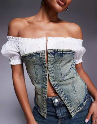 Liquor N Poker Hook Eye Denim Corset With Milkmaid Sleeves In Multi