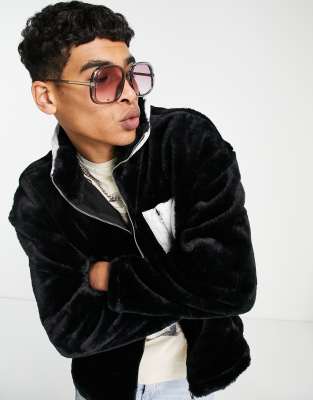 Liquor N Poker jacket in black micro fur with white panels - ASOS Price Checker