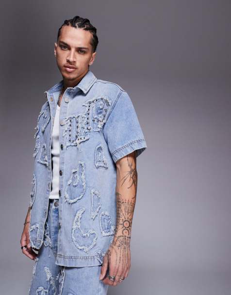 Liquor N Poker distressed applique denim shirt in light blue