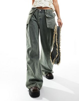 Liquor N Poker mid rise baggy jean with oversized pocket in dirty green wash - ASOS Price Checker