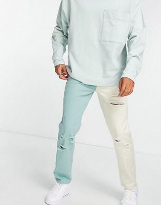 Jeans Liquor N Poker - Jean droit d'ensemble design divisé effet usé - Vert et blanc cassé