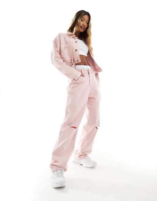 Liquor N Poker - Jeans ampi a vita medio alta lavaggio acido rosa con strappi sulle ginocchia