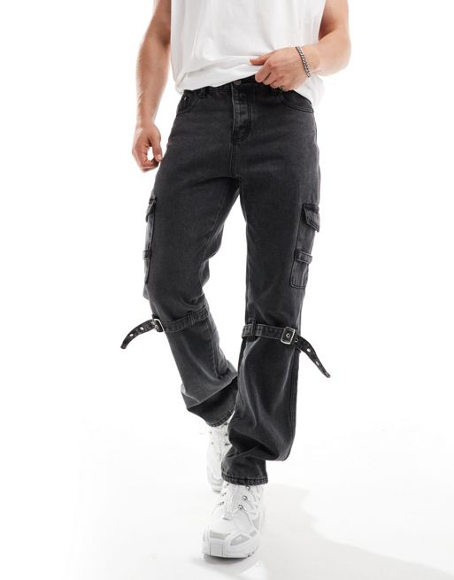 Liquor N Poker - Jeans comodi cargo lavaggio nero con fascette