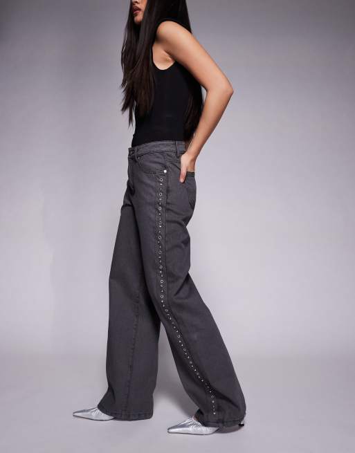 Liquor N Poker - Jeans comodi neri a vita medio alta con occhielli con strass, 2 di 5