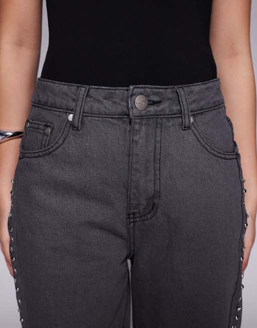 Liquor N Poker - Jeans comodi neri a vita medio alta con occhielli con strass, 5 di 5