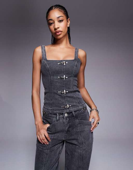 Liquor N Poker – Jeans-Korsett in verwaschenem Schwarz mit Schnallendetail, Kombiteil
