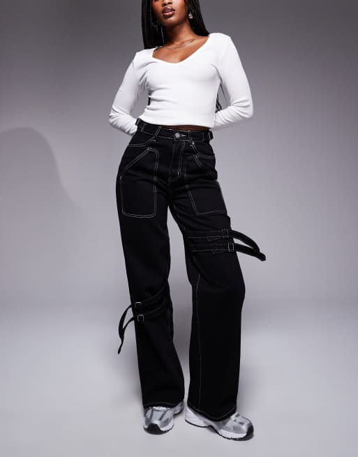 Liquor N Poker - Jeans met contrasterende stiksels en gespdetail in zwart