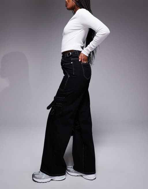 Liquor N Poker - Jeans met contrasterende stiksels en gespdetail in zwart