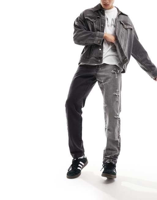 Liquor N Poker - Jeans met rechte pijpen en distressed kruisjes in zwart met wassing 