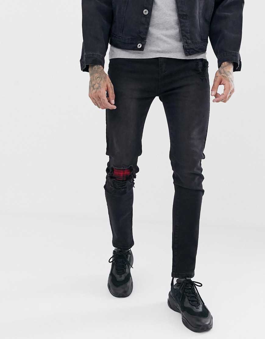 Liquor N Poker - Jeans skinny nero slavato con toppe a quadri con abrasioni