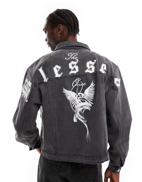 Liquor N Poker – Jeansjacke in Schwarz mit Motivprint - view 1