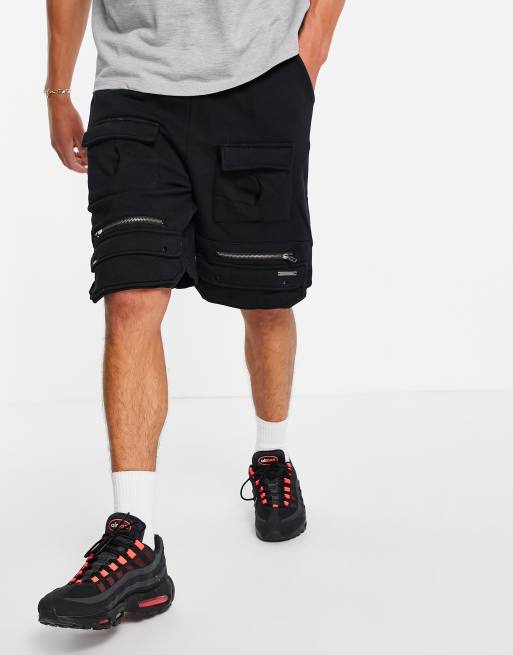 Liquor N Poker jersey shorts in black acid wash with utility pockets