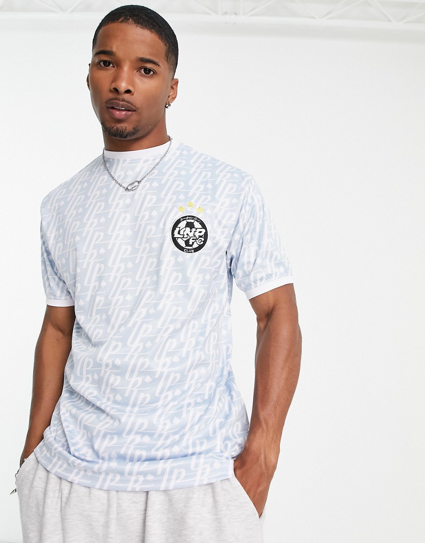 Liquor N Poker jersey top in blue with jacquard print