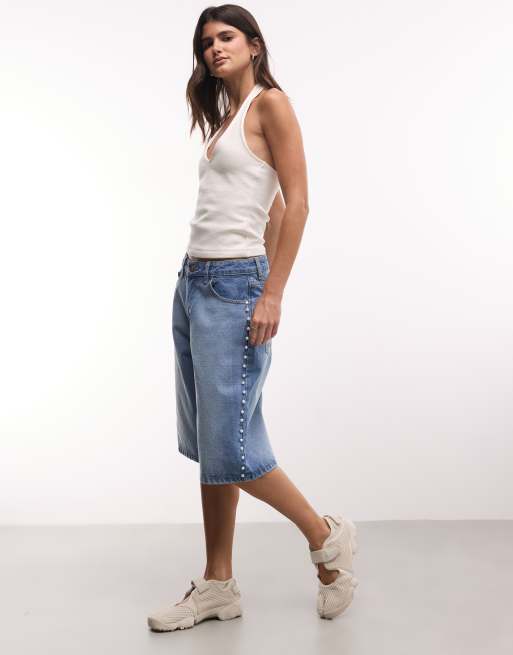 Liquor N Poker jorts in denim con borchie e perle lavaggio blu, 2 di 5