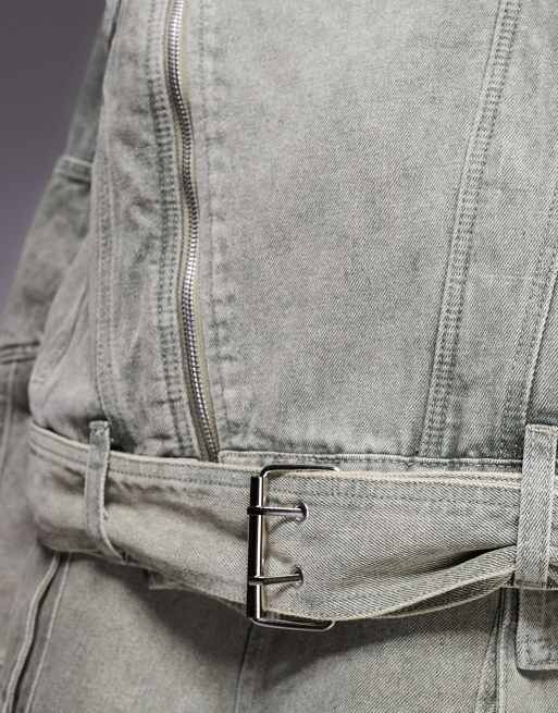 liquor n poker - Kakigrøn forvasket oversized bikerjakke i denim, 3 af 4