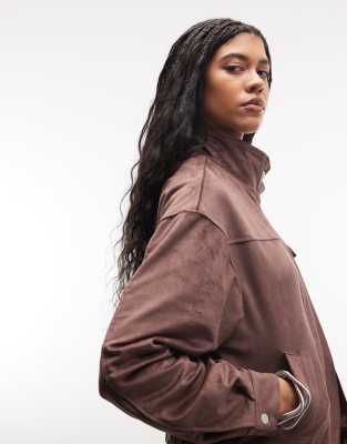 Liquor N Poker - Kastige Jacke aus Wildlederimitat in Schokobraun mit Stehkragen-Brown