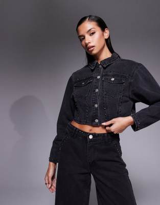 Liquor N Poker - Kastige Jeansjacke in verwaschenem Schwarz mit Strassnaht, Kombiteil