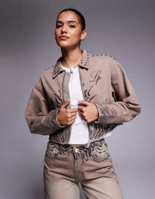 Liquor N Poker - Kastige Oversize-Jeansjacke in Braun mit Zebramuster-Details, Kombiteil-Brown