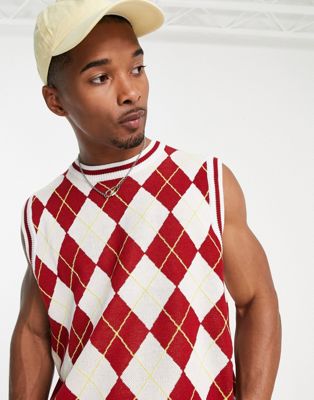Liquor N Poker knitted vest jumper in white with burgundy diamond print